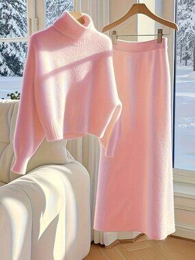 Pink Casual Women's High Neck Knit Sweater top  & skirt 2 piece set